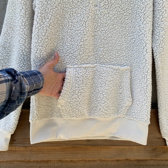 Reflex white sherpa teddy half zip pullover fuzzy long sleeve collared sweater - Picture 5 of 8